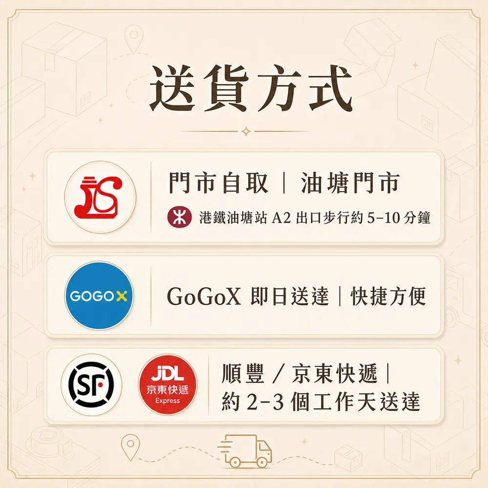 力生送貨方式：油塘門市自取、GoGoVan即日送達、順豐及京東快遞