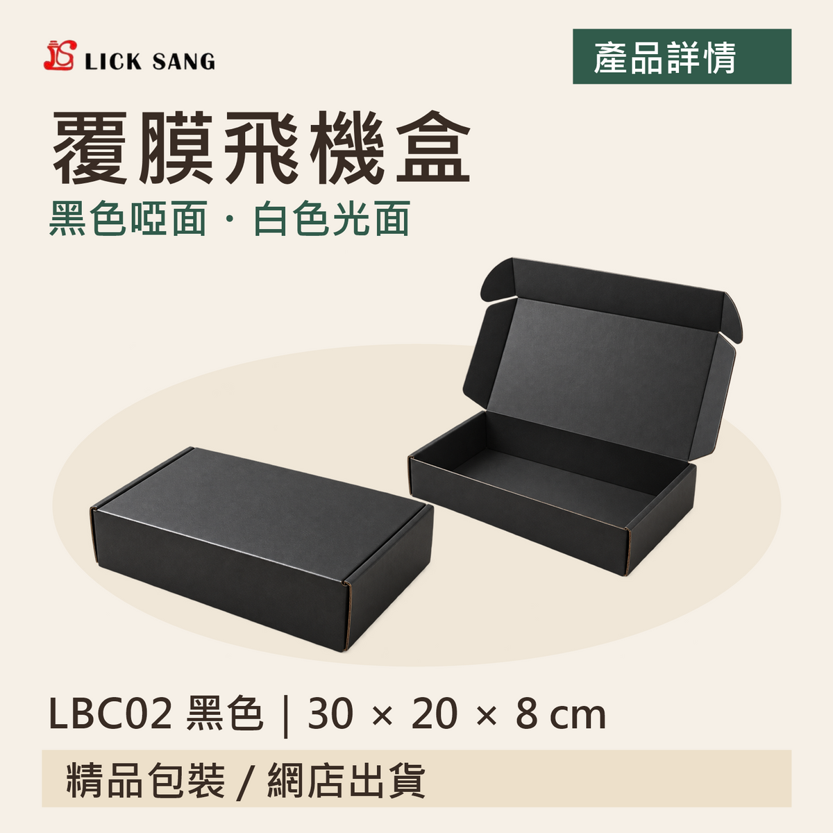 覆膜飛機盒｜LBC02 黑色｜30 × 20 × 8 cm｜黑色啞面・白色光面